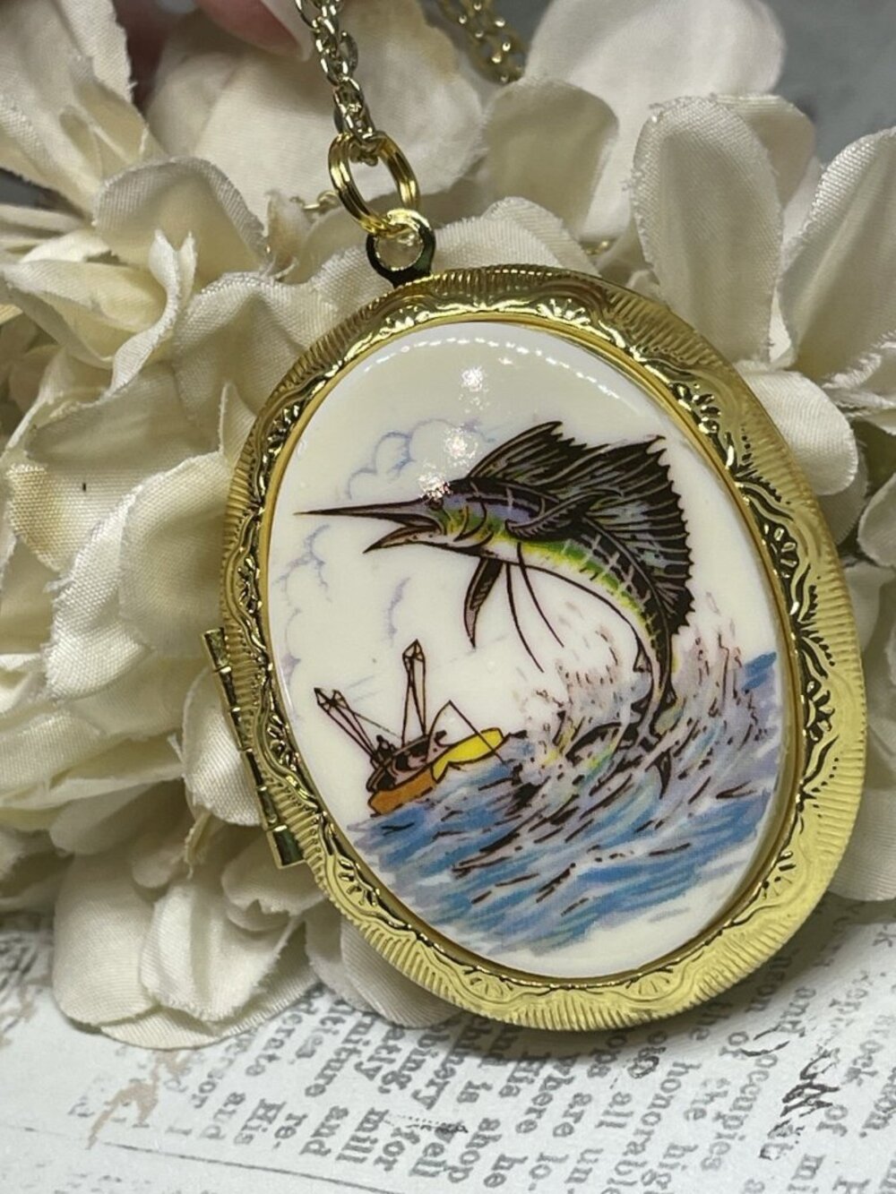 GOLD Locket Necklace Beach Marlin Swordfish Sea Wedding Photo Jewelry Birthday - Picture 2 of 10